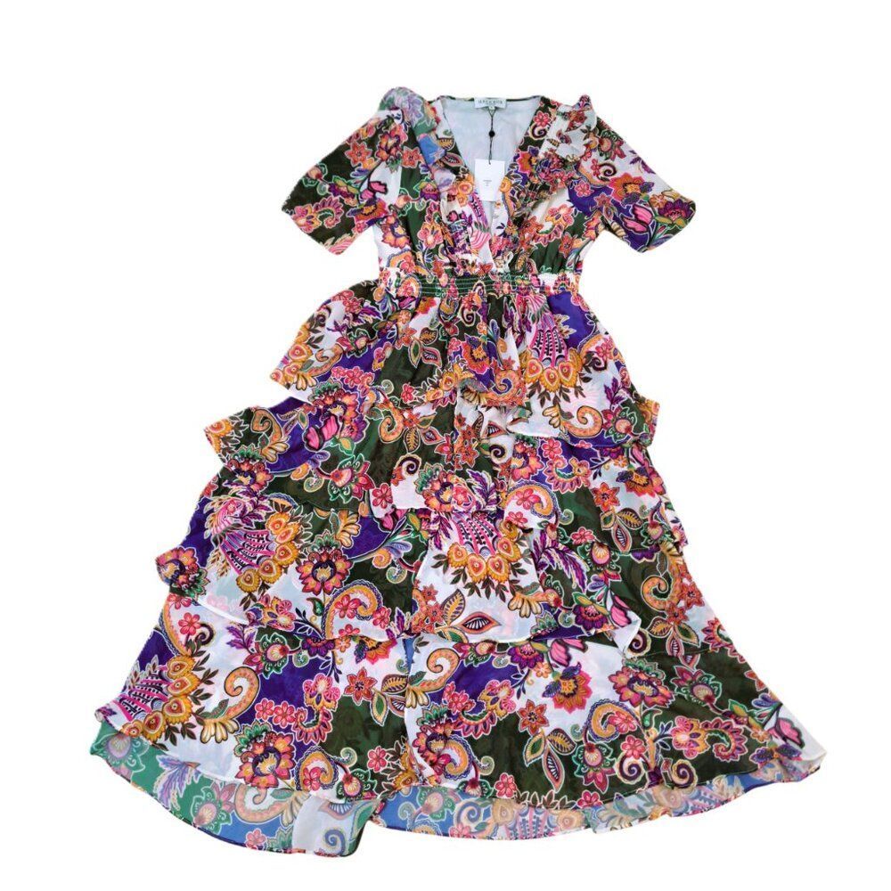 Hale Bob Women's Elsie Tiered Dress Green Red Multi Floral Smocked Waist Sz Xl